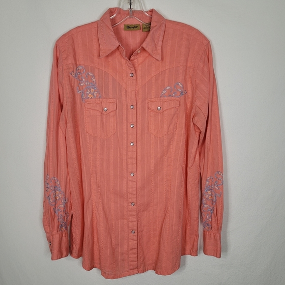 Wrangler Womens M Peach Long Sleeve Cotton Pearl Snap Western Shirt Embroidered - Picture 1 of 11